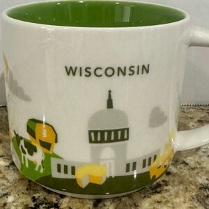Starbucks Wisconsin Ceramic Mug with Green Interior and Yellow Accents